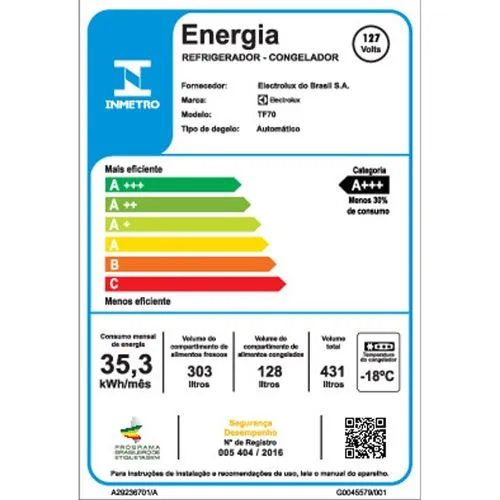 REFRIGERADOR ELECTROLUX FROST FREE 431L EFFICIENT AUTOSENSE DUPLEX (TF70) - 127V - BRANCO - Imagem 2