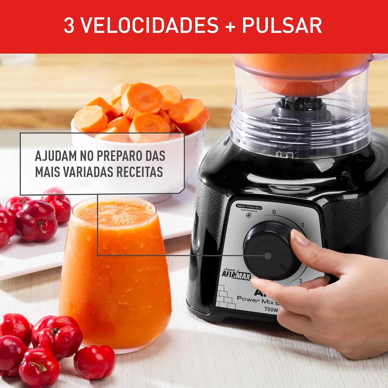 LIQUIDIFICADOR ARNO POWER MIX 700W LQ19, JARRA DE 2,4L, 4 LÂMINAS AFIAMAX 18% MAIS AFIADAS, 3 VELOCIDADES, ALTA DURABILIDADE E DESEMPENHO SUPERIOR - VERMELHO - LQ18 - Imagem 8