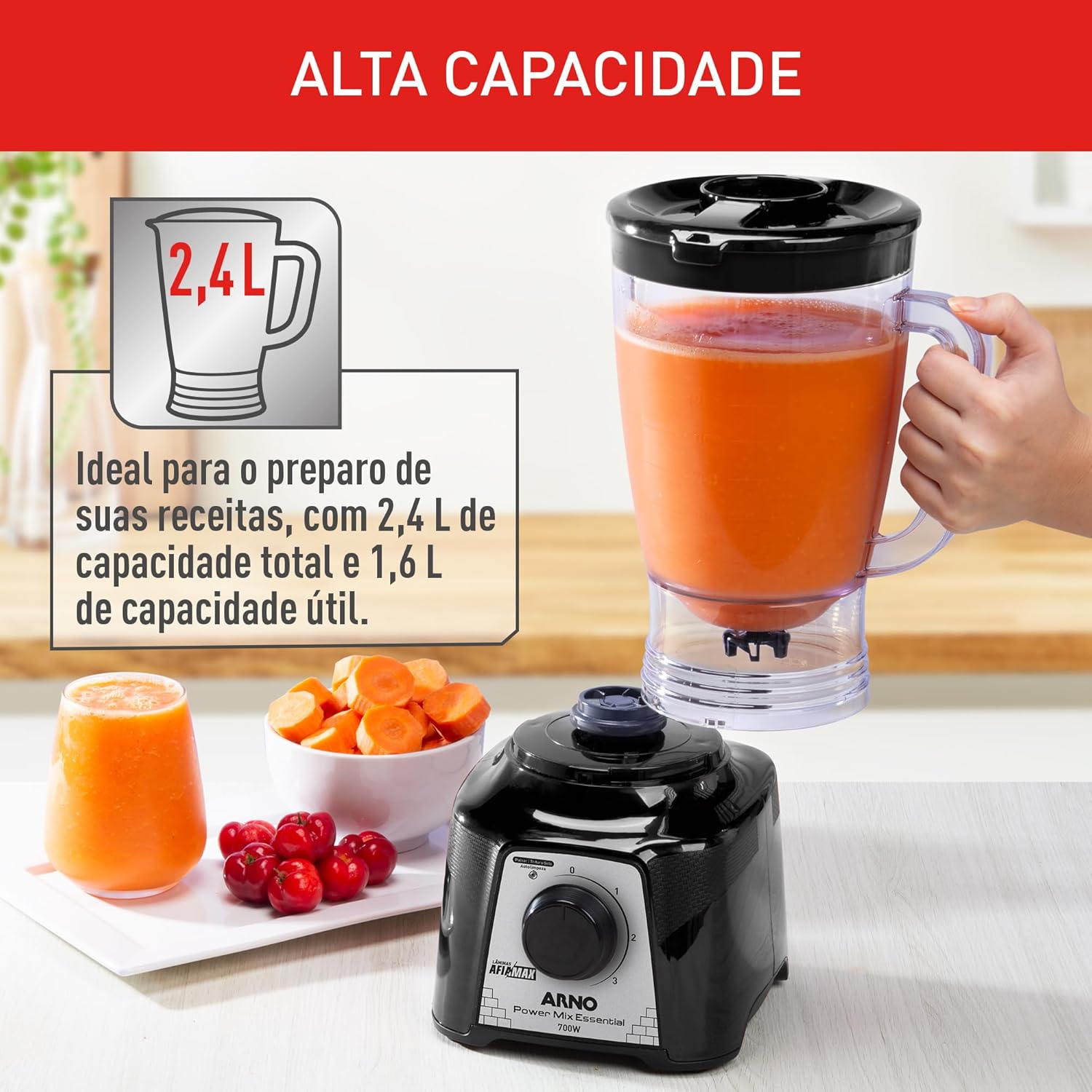 LIQUIDIFICADOR ARNO POWER MIX 700W LQ19, JARRA DE 2,4L, 4 LÂMINAS AFIAMAX 18% MAIS AFIADAS, 3 VELOCIDADES, ALTA DURABILIDADE E DESEMPENHO SUPERIOR - VERMELHO - LQ18 - Imagem 5