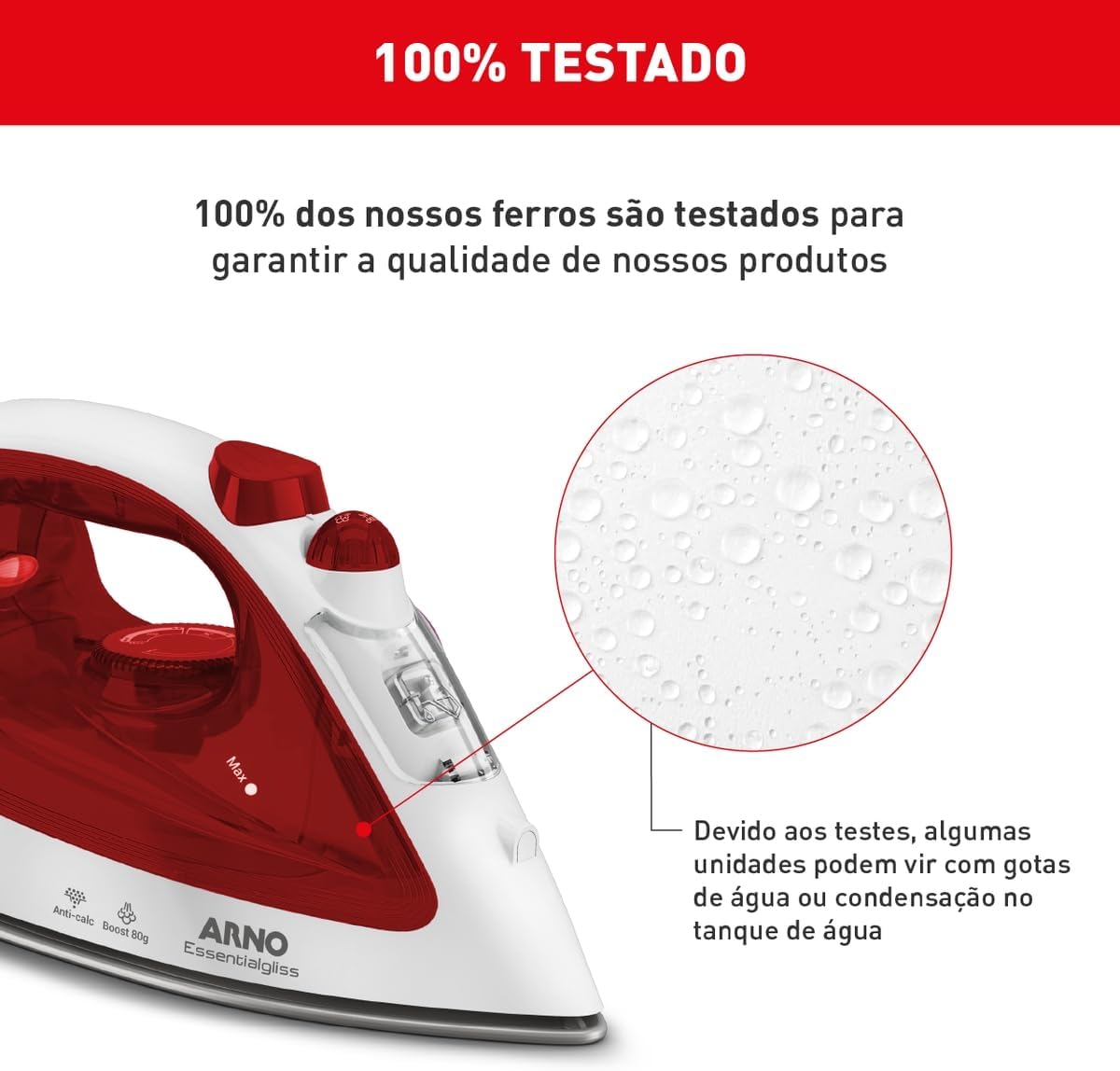 FERRO A VAPOR ARNO ESSENTIALGLISS COM BASE ANTIADERENTE, 1200W, FMQ 110V - BRANCO/VERMELHO - Imagem 4