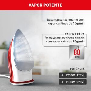 FERRO A VAPOR ARNO ESSENTIALGLISS COM BASE ANTIADERENTE, 1200W, FMQ 110V - BRANCO/VERMELHO