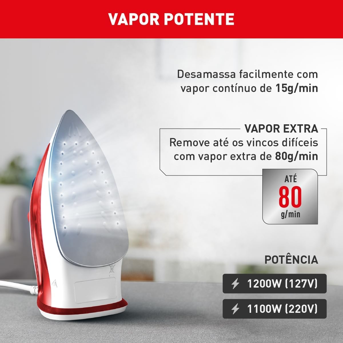 FERRO A VAPOR ARNO ESSENTIALGLISS COM BASE ANTIADERENTE, 1200W, FMQ 110V - BRANCO/VERMELHO - Imagem 2