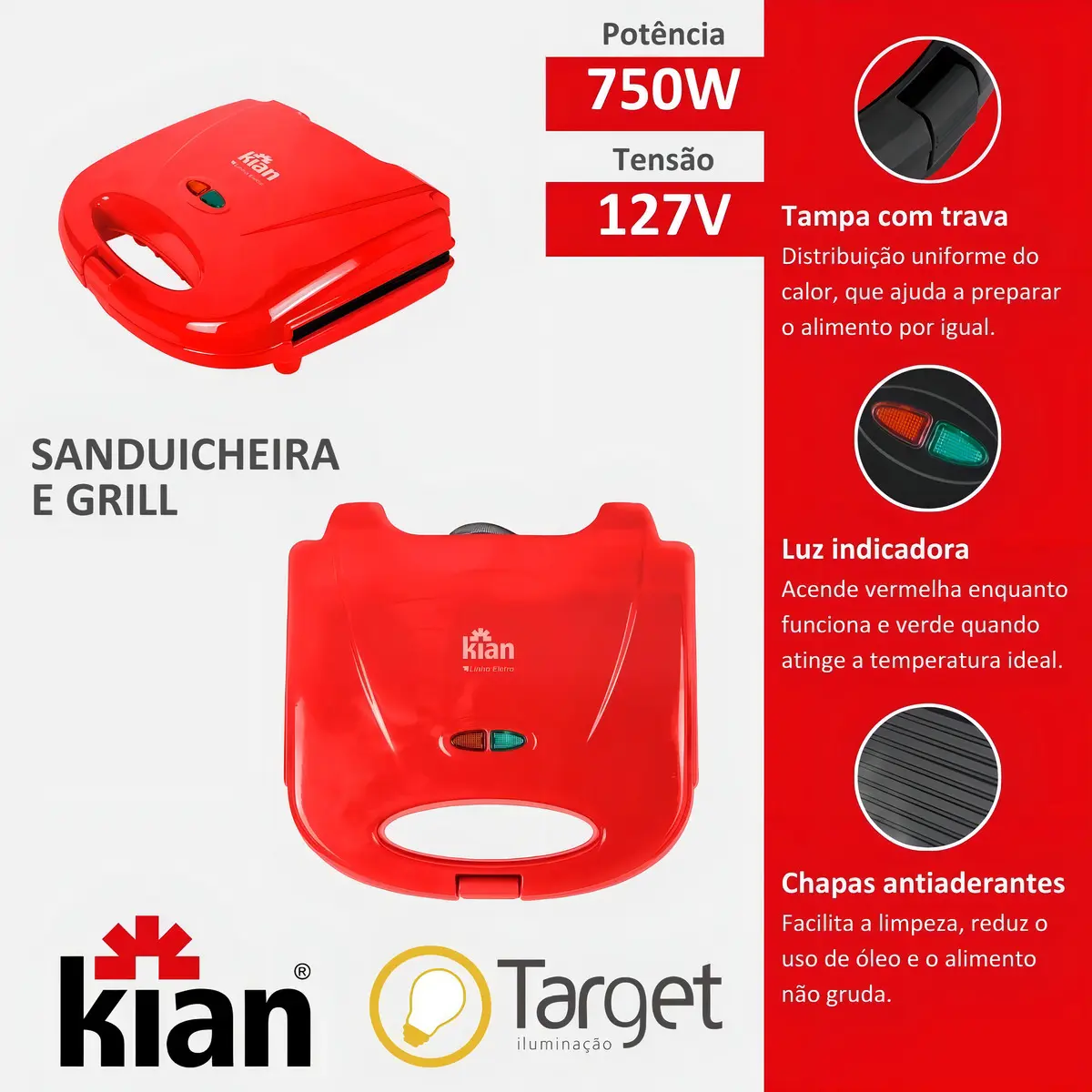 SANDUICHEIRA E GRILL MISTEIRA KIAN 750W - PRETA - Imagem 4